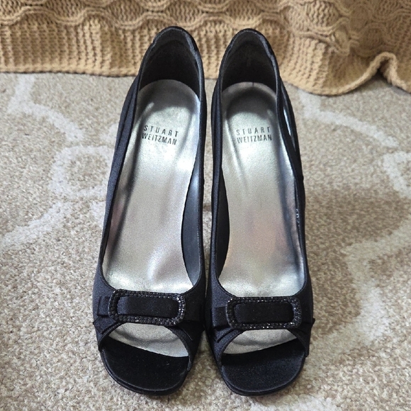 Stuart Weitzman Black Satin Peep-Toe Pumps w/ Rhinestone Bow - Size 8 - Picture 2 of 10